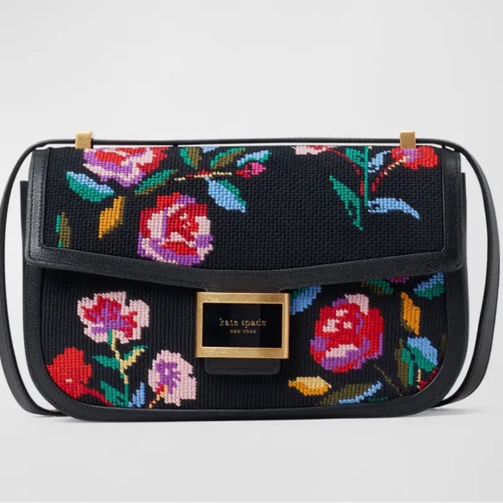Kate Spade Black Floral Needlepoint Crossbody with Gold Hardware